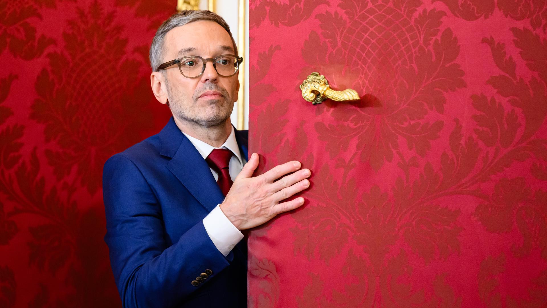 Chairman of the Freedom Party of Austria (FPOe) Herbert Kickl leaves after a meeting with Austrian Federal President Van der Bellen in Vienna