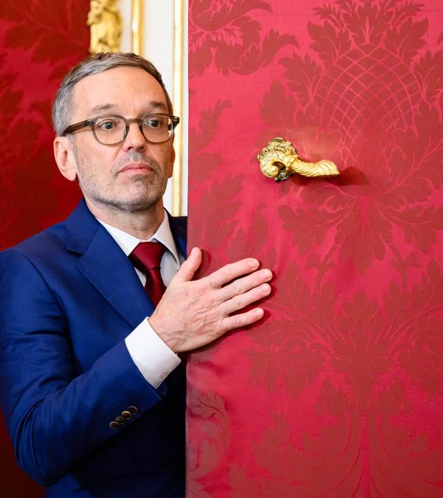 Chairman of the Freedom Party of Austria (FPOe) Herbert Kickl leaves after a meeting with Austrian Federal President Van der Bellen in Vienna