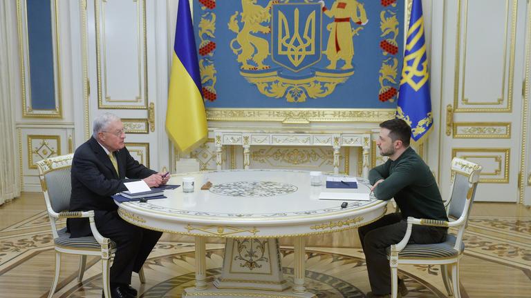 Ukrainian President Volodymyr Zelensky (R) and US Special Presidential Envoy for Russia and Ukraine Keith Kellogg (L) attend their meeting in Kyiv, Ukraine, 20 February 2025. Keith Kellogg arrived in Ukraine to meet with senior Ukrainian officials amid the ongoing Russian invasion.