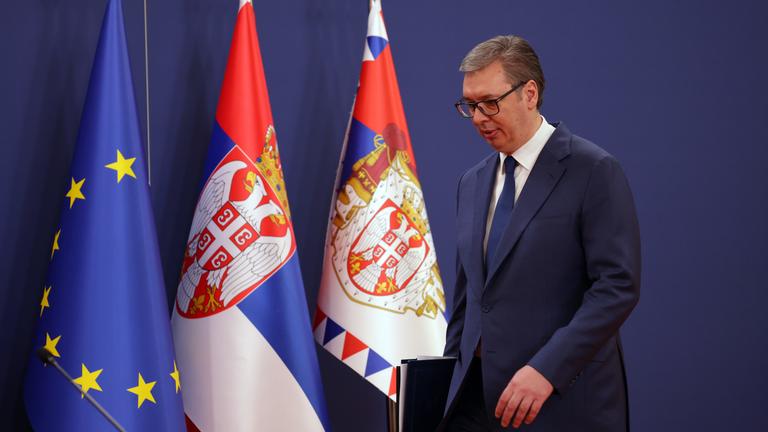 Serbian President Aleksandar Vucic arrives for a press conference in Belgrade
