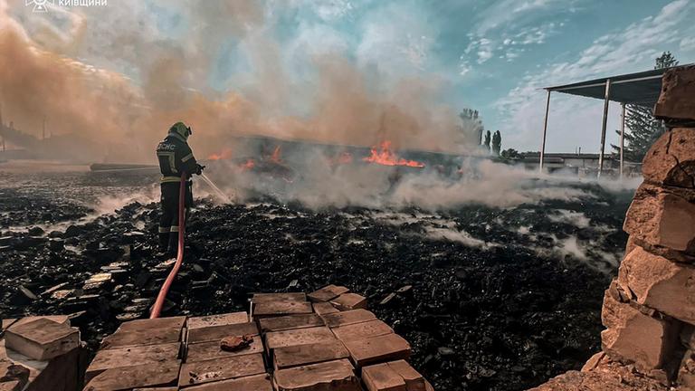 A handout picture made available by the State Emergency Service shows Ukrainian emergency services working at the site of a drone strike in the Kyiv area, Ukraine, 09 July 2025, amid the ongoing Russian invasion. Russian forces launched an overnight large-scale combined attack with at least 13 missiles and 728 drones across Ukraine, the State Emergency Service (SES) of Ukraine reported. 