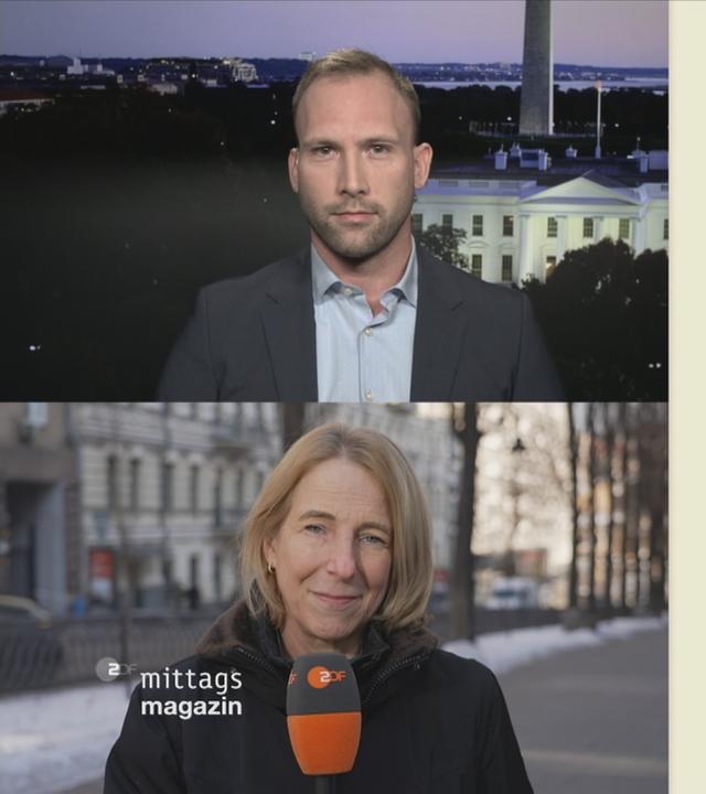 David Sauer, ZDF-Korrespondent in Washington, und Katrin Eigendorf, ZDF-Reporterin in Kiew, im Gespräch mit ZDF-Mima-Moderator Daniel Pontzen