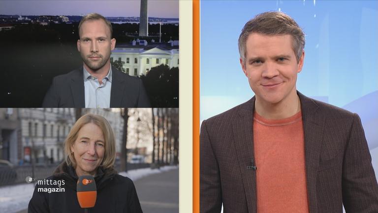 David Sauer, ZDF-Korrespondent in Washington, und Katrin Eigendorf, ZDF-Reporterin in Kiew, im Gespräch mit ZDF-Mima-Moderator Daniel Pontzen