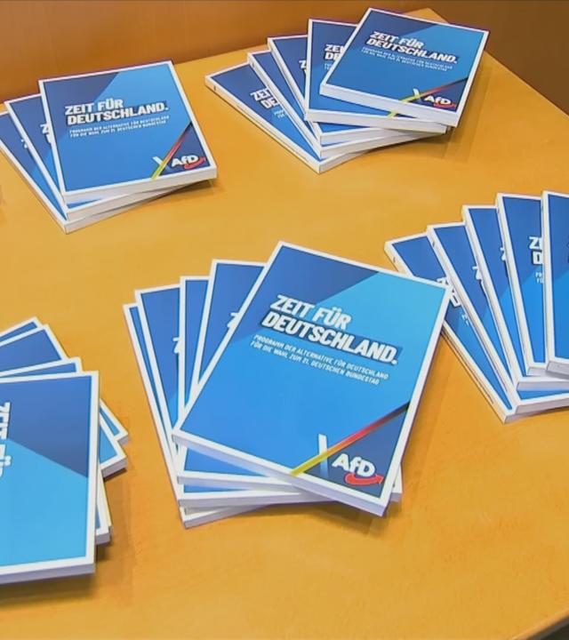 aufgefächerte AfD-Parteiprogramme auf einem Tisch
