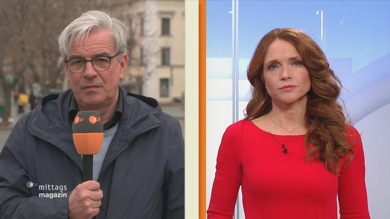 Henner Hebestreit, ZDF-Reporter in Kiew, im Gespräch mit ZDF-Mima-Moderatorin Mirjam Meinhardt