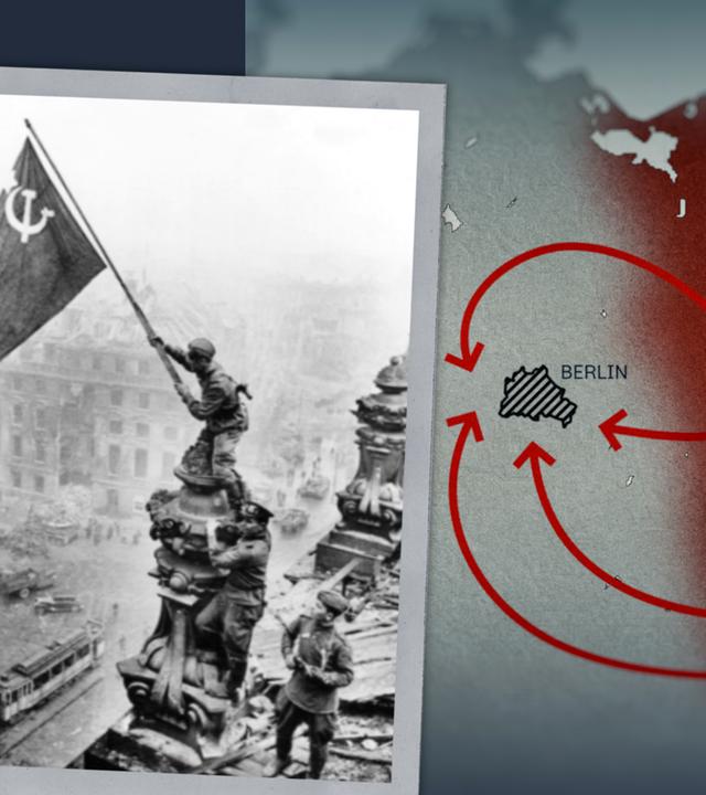 Die sowjetische Flagge wird auf der Ruine des Reichstages geschwenkt