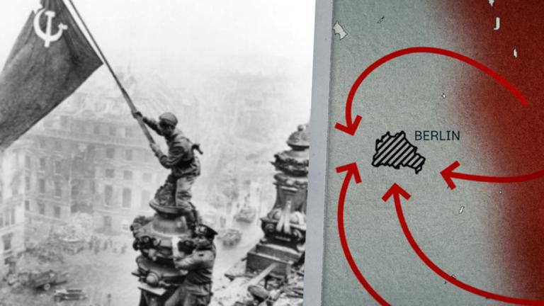 Die sowjetische Flagge wird auf der Ruine des Reichstages geschwenkt