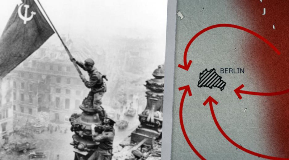 Die sowjetische Flagge wird auf der Ruine des Reichstages geschwenkt