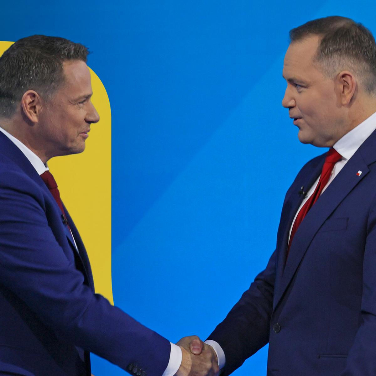 Polnische Präsidentschaftskandidaten, Warschaus Bürgermeister Rafal Trzaskowski (L) von der Bürgerlichen Koalition (KO) und der konservative Historiker Karol Nawrocki (R)