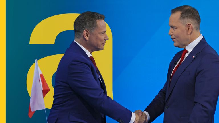 Polnische Präsidentschaftskandidaten, Warschaus Bürgermeister Rafal Trzaskowski (L) von der Bürgerlichen Koalition (KO) und der konservative Historiker Karol Nawrocki (R)