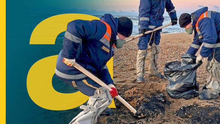 Oil spill clean up after tankers collision in the Kerch Strait