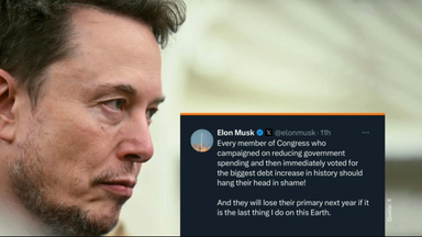 Porträtfoto von Elon Musk mit dem X-Post "Jedes Kongressmitglied, das mit der Verringerung der Staatsausgaben Wahlkampf gemacht und dann sofort für die größte Schuldenerhöhung in der Geschichte gestimmt hat, sollte in Scham versinken. Sie werden nächstes Jahr ihre Vorwahl verlieren und wenn es das Letzte ist, was ich auf dieser Erde tue."