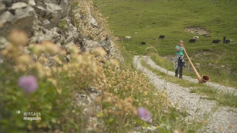 Almhornbläserin in der Schweizer Region Gruyere