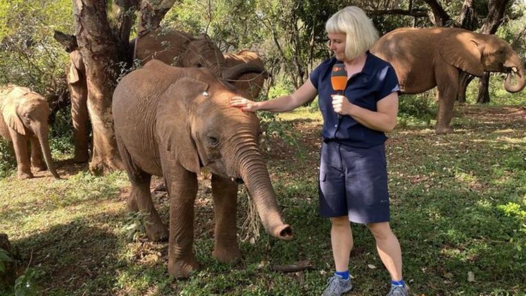 ZDF-Mima-Reporterin Katja Fuchs mit Elefantenbaby Wamata