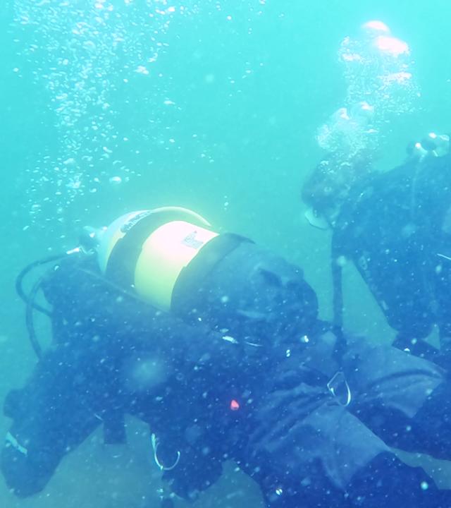 Zwei Menschen tauchen im Großen Stechlinsee in Brandenburg