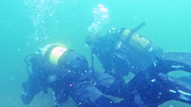 Zwei Menschen tauchen im Großen Stechlinsee in Brandenburg