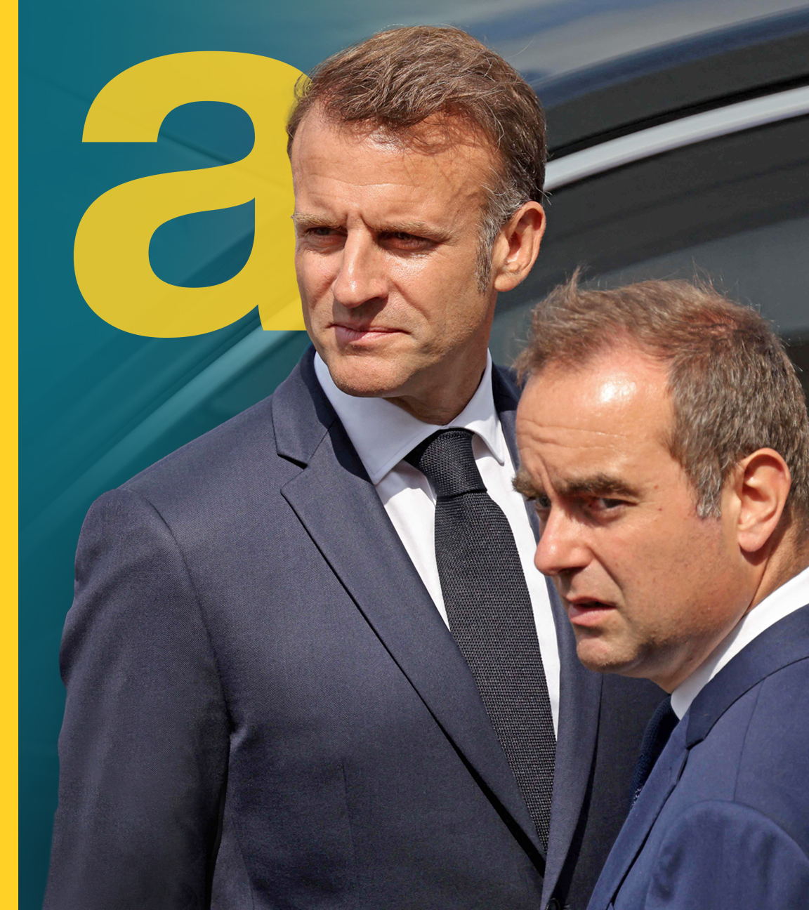 Emmanuel Macron und Sebastien Lecornu. Links das gelbe auslandsjournal-"a".