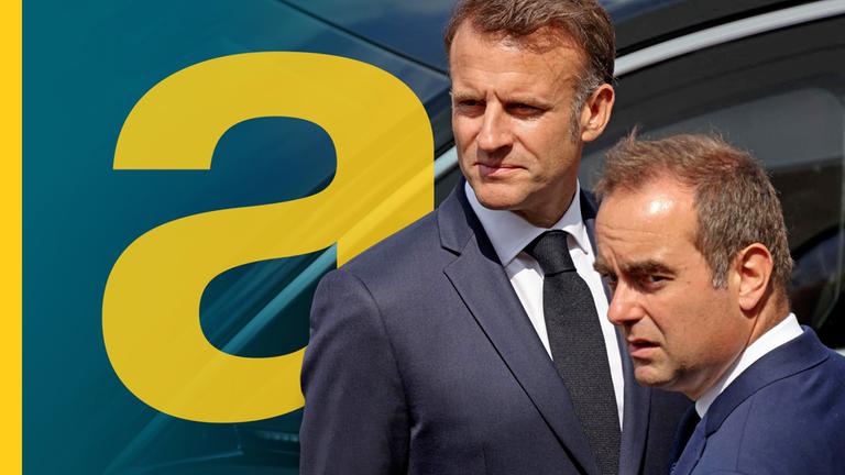 Emmanuel Macron und Sebastien Lecornu. Links das gelbe auslandsjournal-"a".