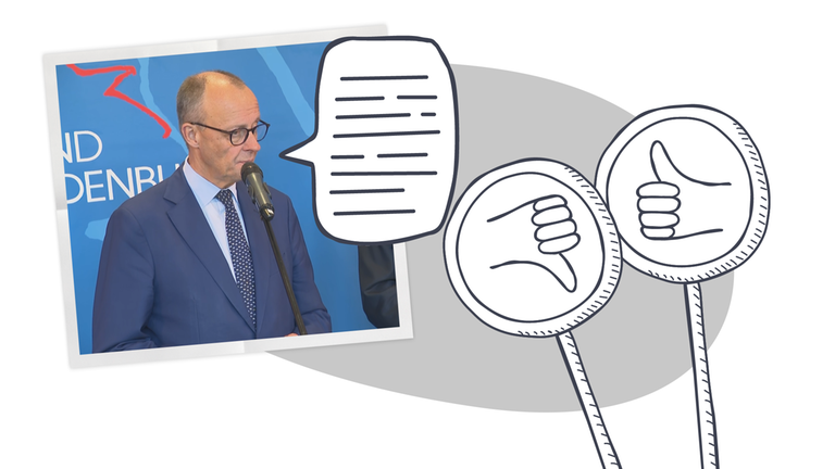 Auf dem Bild ist Bundeskanzler Friedrich Merz zu sehen. Er spricht in ein Mikrofon. Neben seinem Mund befindet sich eine Sprechblase. Daneben sind zwei Schilder mit einem Daumen-hoch- und einem Daumen-runter-Symbol zu erkennen.