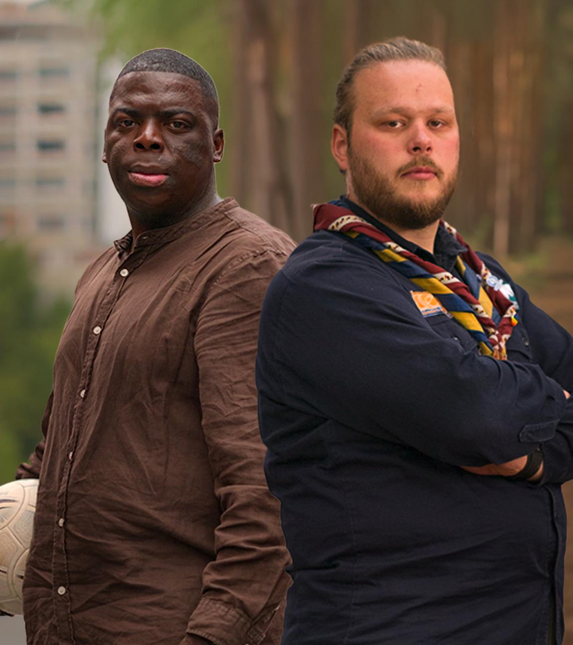 "37°Leben: Ehrenamt am Limit": Fotomontage: Elvis steht vor einer Hochhauskulisse und hält einen Fußball in der Hand. Neben ihm steht Lukas vor einem Wald. Er hat verschränkte Arme und trägt Pfadfinderkleidung.