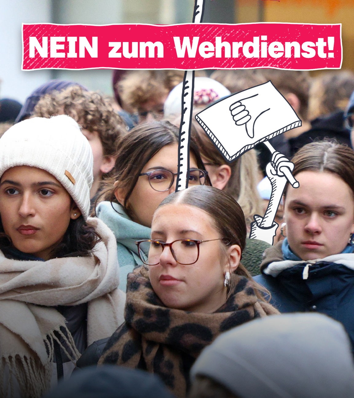 Schülerinnen und Schüler demonstrieren; NEIN zum Wehrdienst!