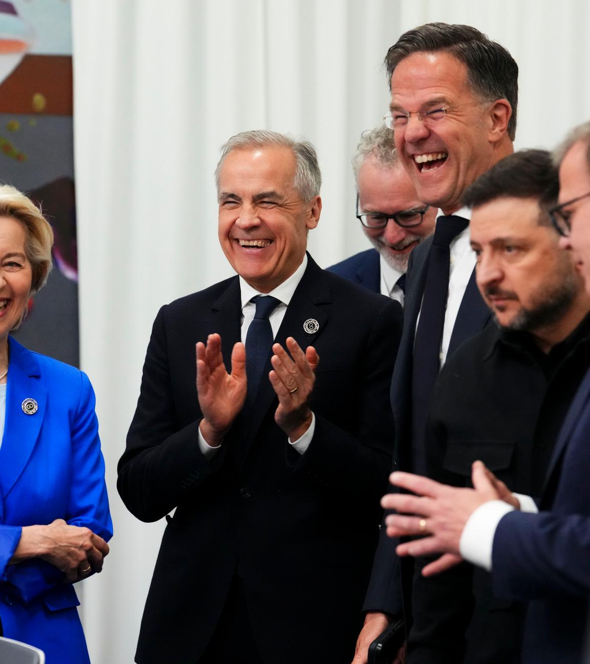 President of the European Commission Ursula von der Leyen, left to right, Prime Minister Mark Carney, Secretary General of NATO Mark Rutte, President of Ukraine Volodymyr Zelenskyy and Prime Minister of Finland Petteri Orpo wait for the start of a meeting on the situation in Ukraine during the 8th European Political Community Summit in Yerevan, Armenia on Monday, May 4, 2026.