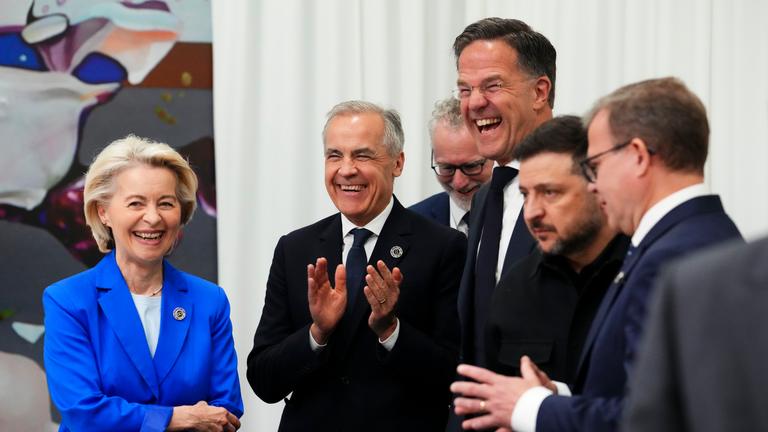 President of the European Commission Ursula von der Leyen, left to right, Prime Minister Mark Carney, Secretary General of NATO Mark Rutte, President of Ukraine Volodymyr Zelenskyy and Prime Minister of Finland Petteri Orpo wait for the start of a meeting on the situation in Ukraine during the 8th European Political Community Summit in Yerevan, Armenia on Monday, May 4, 2026.
