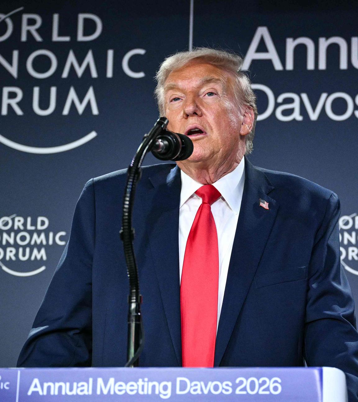 US-Präsident Donald Trump spricht während eines Empfangs mit Wirtschaftsführern am Rande der Jahrestagung des Weltwirtschaftsforums (WEF) in Davos am 21. Januar 2026. Das Weltwirtschaftsforum findet vom 19. bis 23. Januar 2026 in Davos statt.