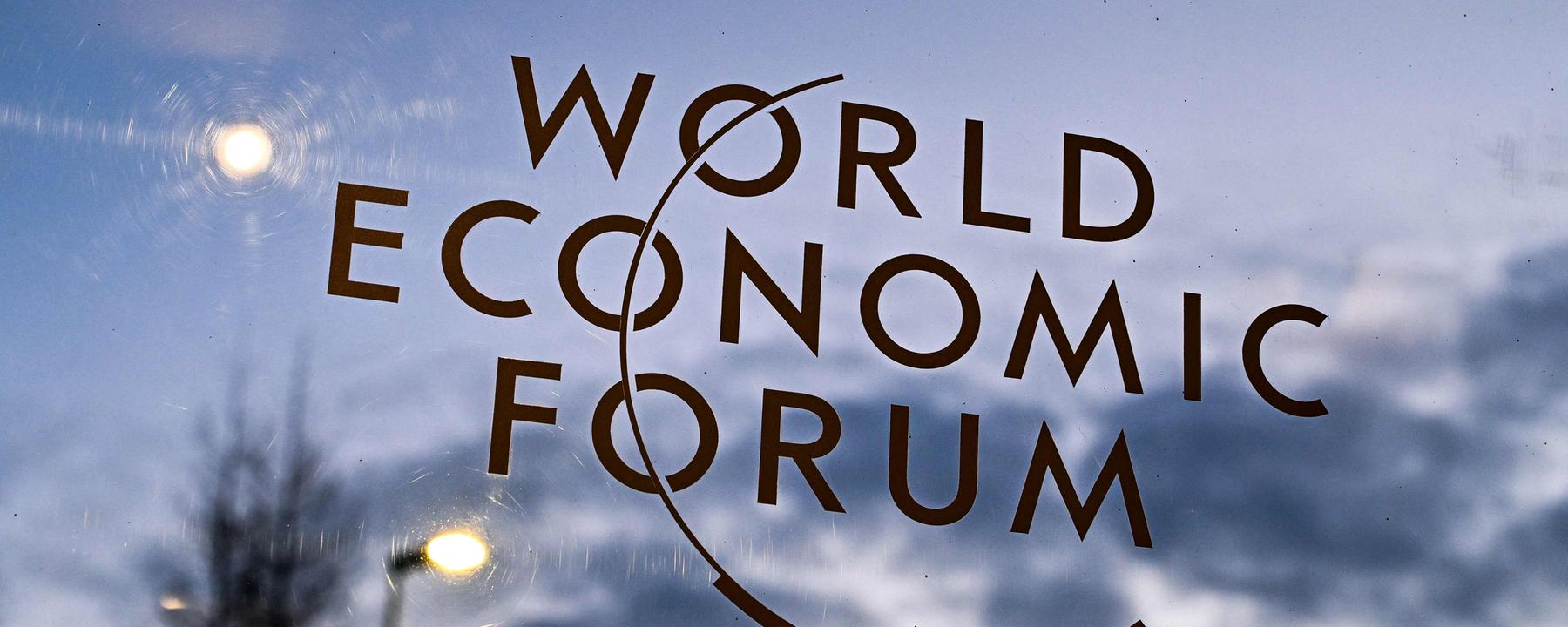 This photograph shows the logo of the World Economic Forum (WEF) in Davos on January 22, 2026. The World Economic Forum takes place in Davos from January 19 to January 23, 2026.