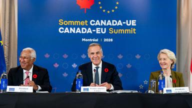European Council President Antonio Costa, Canada's Prime Minister Mark Carney, and European Commission President Ursula von der Leyen attend a roundtable with business leaders during the 21st EU-Canada summit in Montreal, Quebec, Canada on October 29, 2026. The EU and Canada want to bring their relationship to the "highest level possible" as they face a "world of growing rivalries," the 27-nation bloc's chief said Thursday ahead of a meeting with Canadian leader Mark Carney. Brussels and Ottawa are to lay the groundwork for an ever-closer partnership at a two-day summit in Montreal, as they navigate uncertain ties with the United States and China.