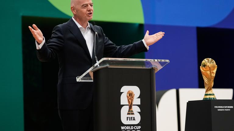FIFA President Gianni Infantino makes comments during the opening ceremony of the International Broadcast Center Monday, June 1, 2026, in Dallas. (AP Photo/Tony Gutierrez)