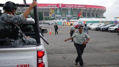 Police guard the stadium in Mexico City, Wednesday, June 10, 2026, a day before it hosts the opening FIFA World Cup match between Mexico and South Africa