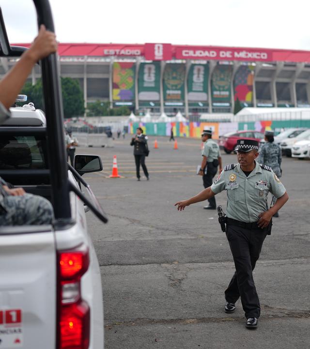 Police guard the stadium in Mexico City, Wednesday, June 10, 2026, a day before it hosts the opening FIFA World Cup match between Mexico and South Africa