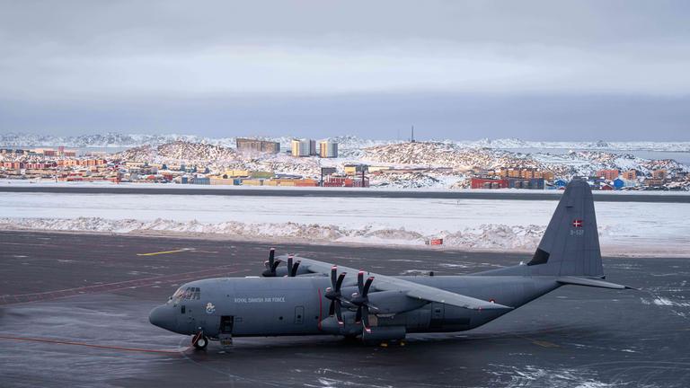 A Royal Danish Air Force military plane is seen at the airport of Nuuk, Greenland, on Thursday.