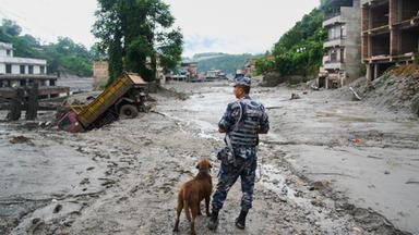 A policeman with a sniffer dog looks at the damage in the aftermath of flash floods in Devighat in the Nuwakot district in Nepal, Thursday, Aug 27, 2026.
