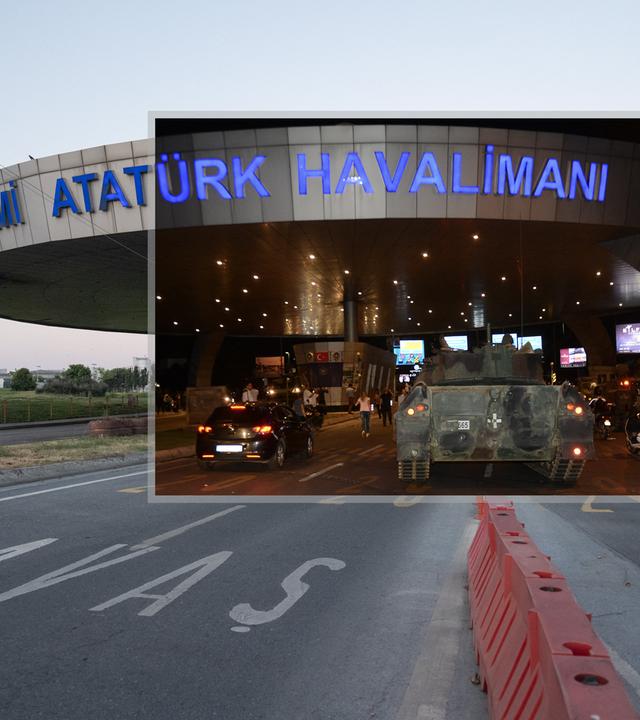 Eine Collage zeigt Fotos, die während des gescheiterten Putschversuchs am 15. Juli 2016 in Istanbul aufgenommen wurden, nebeneinander gestellt mit Bildern, die am 13. Juli 2026, kurz vor dem 10. Jahrestag des gescheiterten Putschversuchs in der Türkei, an genau denselben Orten am Atatürk-Flughafen erneut aufgenommen wurden.