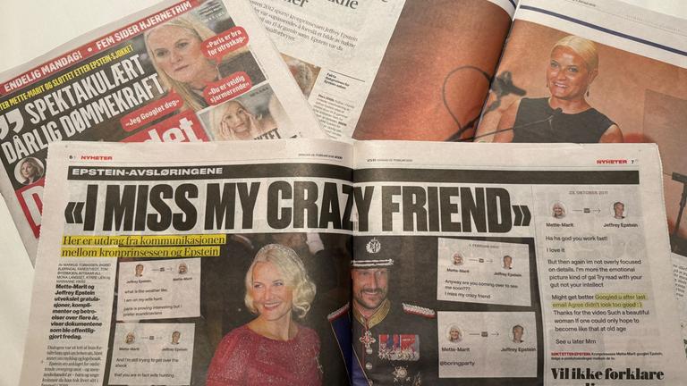 Norwegen, Oslo: Norwegische Zeitungen berichten am Montag (02.02.2026) über den Kontakt der norwegischen Kronprinzessin Mette-Marit zu dem Sexualstraftäter Epstein.