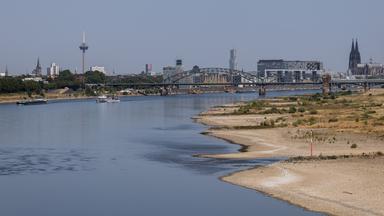 15.07.2026, Nordrhein-Westfalen, Köln: Binnenschiffe fahren bei Niedrigwasser vor der Kulisse des Kölner Doms über den Rhein.