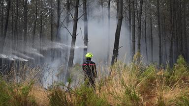 Ein Feuerwehrmann bekämpft einen Waldbrand, während in der Nähe von Le Las bei Bordeaux Waldbrände wüten.