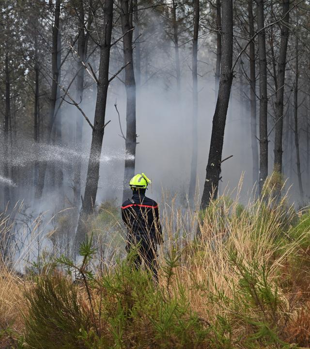Ein Feuerwehrmann bekämpft einen Waldbrand, während in der Nähe von Le Las bei Bordeaux Waldbrände wüten.