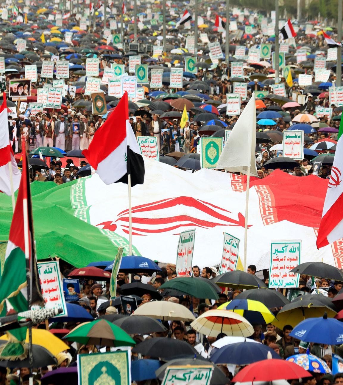 Houthi supporters protest in Sana'a against US-Israeli strikes on Iran