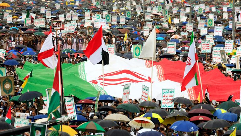 Houthi supporters protest in Sana'a against US-Israeli strikes on Iran