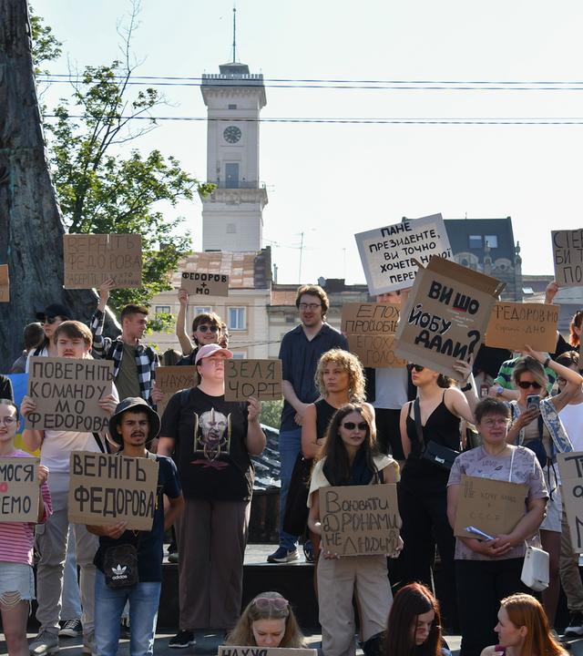 Ukrainians protest against the dismissal of Ukrainian Defence Minister Mykhailo Fedorov in downtown Lviv, Western Ukraine, 16 July 2026, amid the ongoing Russian invasion. Protesters in Kyiv and other Ukrainian cities call for Fedorov to be kept on as defence minister in the government changes process in Ukraine. The protesters hold placards reading like 'Fedorov is the defence minister', 'Don't mess with what works', 'Hands off Fedorov', 'Bring Fedorov back', and others.