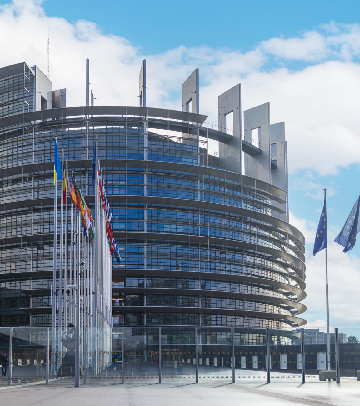 The modern architecture of the European Parliament building in Strasbourg, France