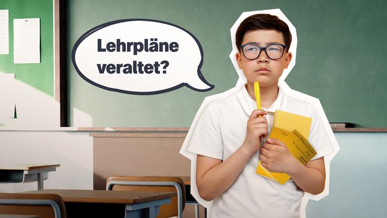 Schüler vor der Tafel; Sprechblase: "Lehrpläne veraltet"