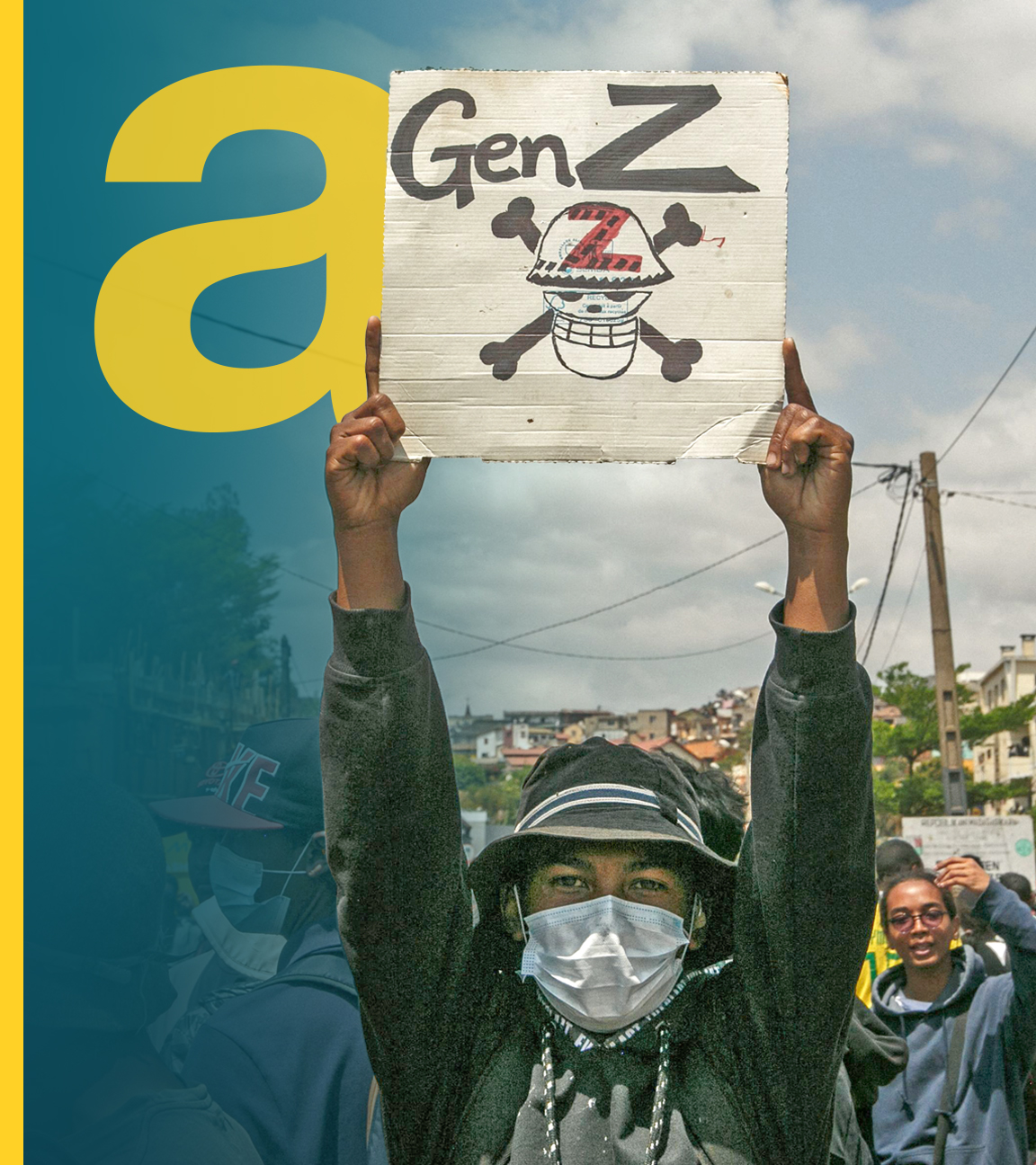 Ein Demonstrant hält während einer Demonstration gegen wiederholte Wasser- und Stromausfälle in Antananarivo am 27. September 2025 ein Plakat mit der Aufschrift "Gen-Z" und einem gemalten Totenkopf hoch.