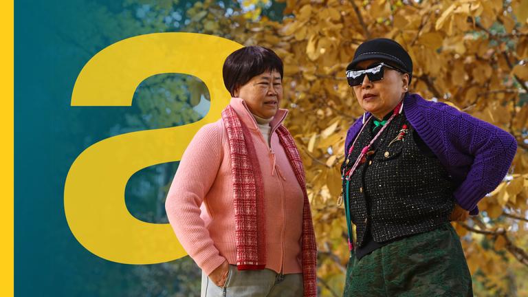 Zwei etwas ältere Menschen stehen an einem Herbsttag in einem öffentlichen Park in Peking, China, am 10. November 2025. Eine Frau mit pinkem Outfit, eine andere Person mit einer lila Jacke und einer schwarzen Sonnenbrille.