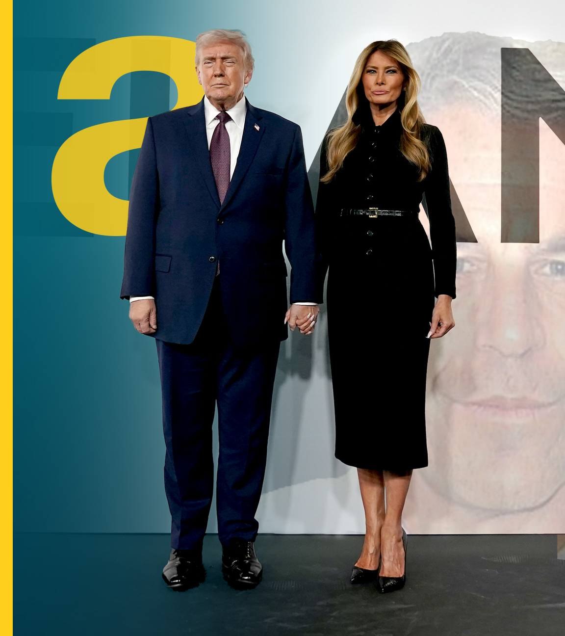 Fotomontage: US-Präsident Donald Trump und First Lady Melania Trump stehen bei der Premiere von Melania Trumps Film "Melania" vor einer weißen Wand mit dem Filmtitel im Hintergrund. Ins Weiß ist ein Foto von Jeffrey Epstein montiert.