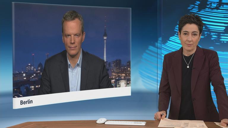 Schaltgespräch zwischen der Moderatorin Dunja Hayali und dem Wirtschaftsexperte Florian Neuhann.