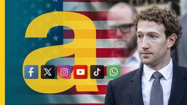 Fotomontage: Mark Zuckerberg und ein anderer Mann mit Brille vor der US-Flagge. Außerdem die Logos von Facebook, X, Instagram, Youtube, Tiktok und Whatsapp. Auf der linken Bildhälfte das gelbe auslandsjournal-a.